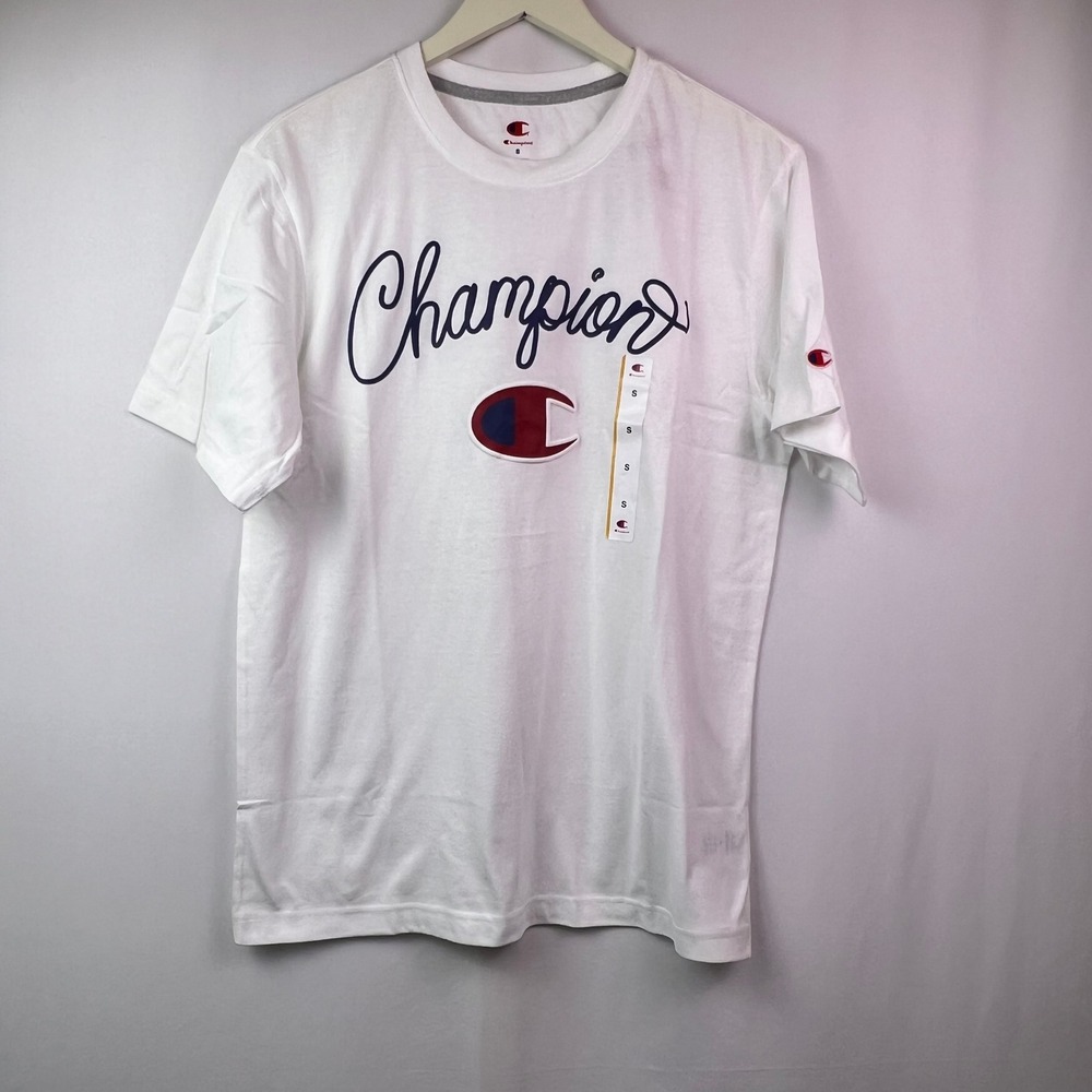 Champion Graphic Tee Stark White Script Logo TShirt Men's S Unisex Cotton Blend